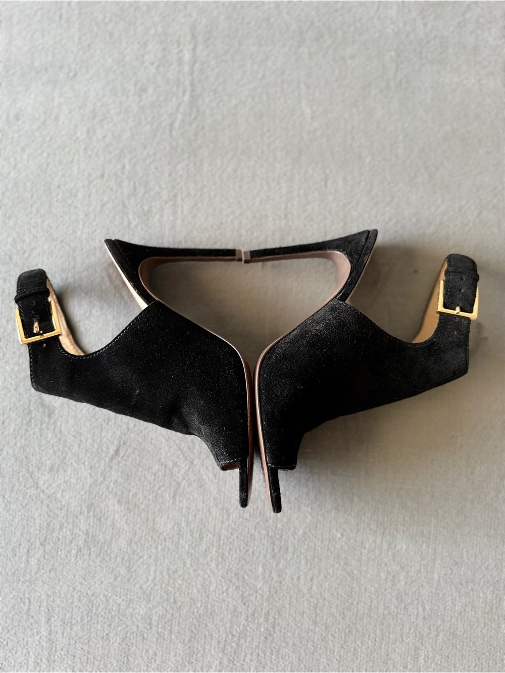 Tory Burch Black Suede Peep-Toe Stiletto Sandals with Gold Buckle - Picture 4 of 14